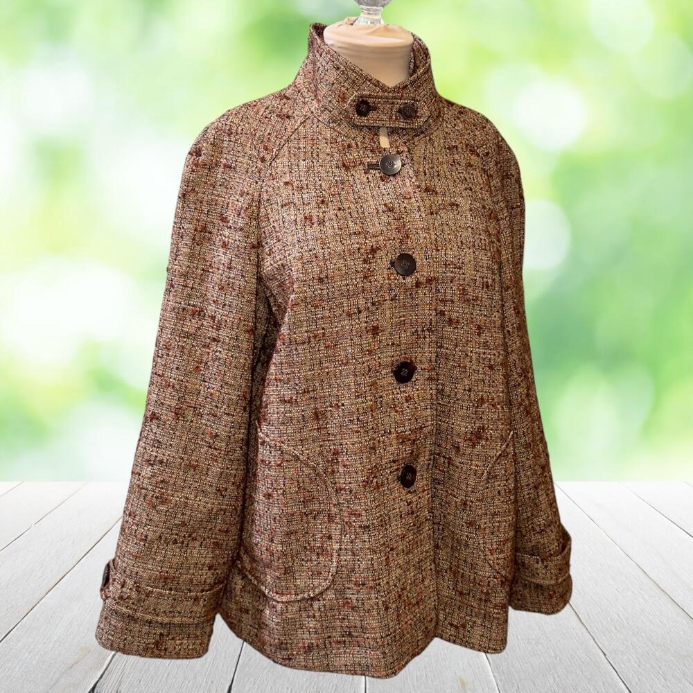 J JILL Boucle Tweed Swing Jacket Funnel Neck Button Front Brown Flecked Lined L